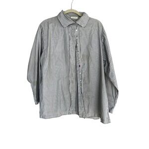 Krista Larson Striped Cotton Button Up Shirt One Size Oversized Lagenlook Raw